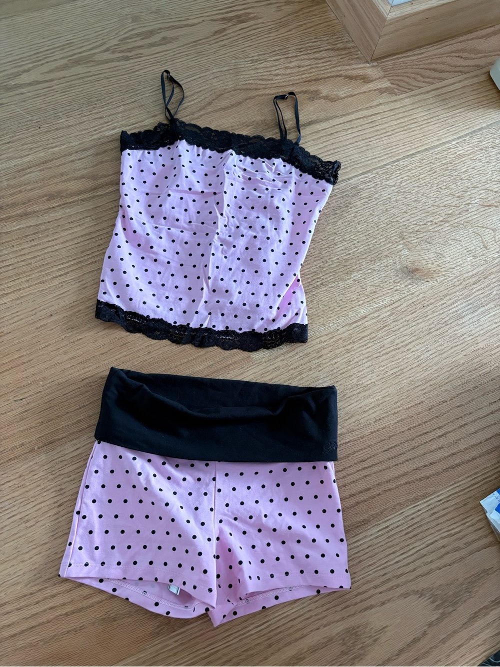Frankie's Bikinis Pink & Black Polka Dot Lace Cami and Shorts Set